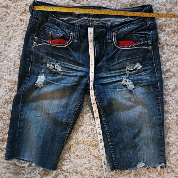 Women’s Doll House Shorts Denim Blue Rock Steampunk Studded Embroidered Thrashed - Picture 7 of 8